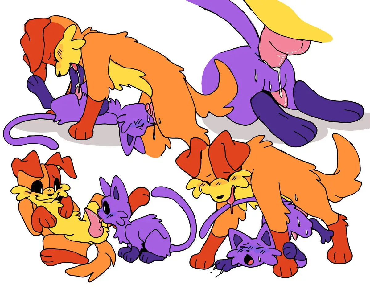 Image simple_background,male,furry,male/male,purple_fur,purple_skin,canine,orange_body,feline,purple_body,furry_only,no_humans,orange_skin,orange_fur,anatomically_correct,white_eyes,critters_(poppy_playtime),poppy_playtime,poppy_playtime_(chapter_3),smiling_critters,catnap_(poppy_playtime),dogday_(poppy_playtime),pachi_rizuu,palatis