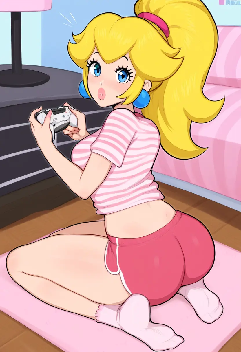 Image female,ass,ai_generated,mario_(series),princess_peach,gamer_girl,controller,dolphin_shorts