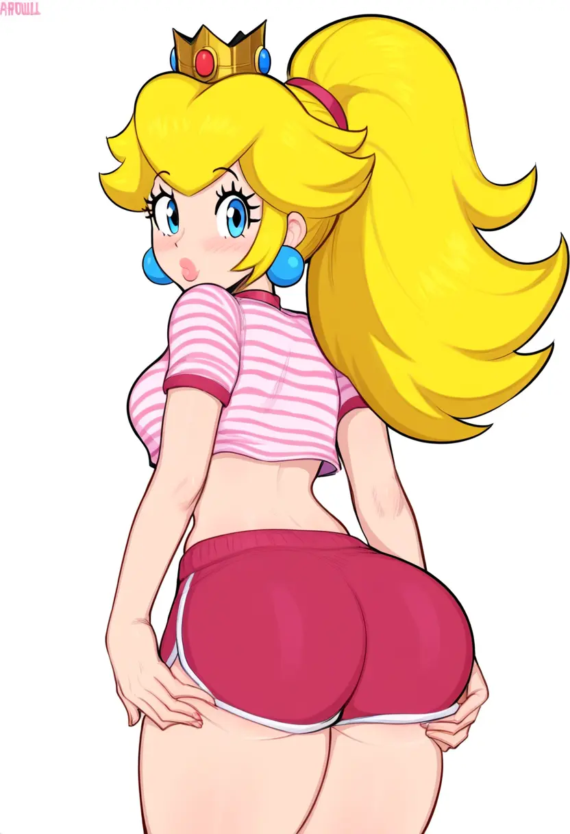Image 1girls,blush,breasts,female,light-skinned_female,looking_at_viewer,simple_background,white_background,blue_eyes,ass,earrings,looking_back,ponytail,ai_generated,tagme,blonde_hair,mario_(series),shorts,ass_focus,princess,princess_peach,crop_top,crown,blushing,pink_clothing,grabbing_own_thigh,grabbing_thighs,dolphin_shorts