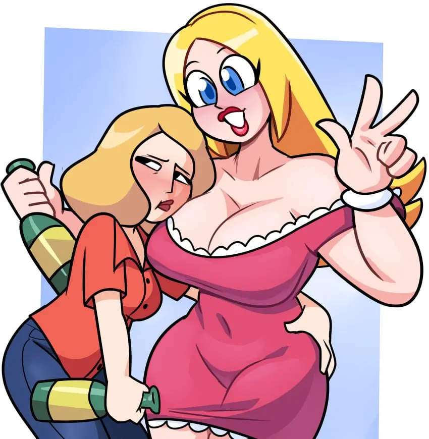 Image blush,female,female_only,light_skin,2girls,blue_eyes,milf,hips,cleavage,size_difference,blonde_hair,busty,curvy,grabbing_ass,fully_clothed,rick_and_morty,drinking,sfw,bottle,light_skinned_female,american_dad,francine_smith,beth_smith,superspoe,head_against_breast