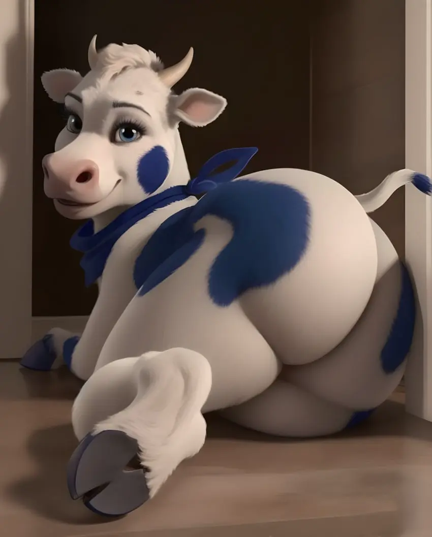 Image female, nude, furry, ass, big_ass, big_butt, smiling, ai_generated, presenting, realistic, fur, presenting_hindquarters, bovine, room, commercial, editokur999, lactaid, lactaid_cow