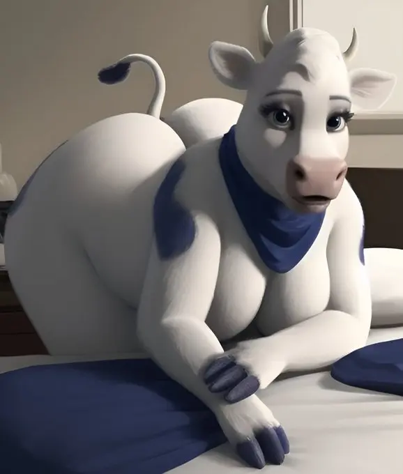 Image female, nude, furry, ass, big_ass, big_butt, smiling, ai_generated, presenting, realistic, fur, presenting_hindquarters, bovine, room, commercial, editokur999, lactaid, lactaid_cow