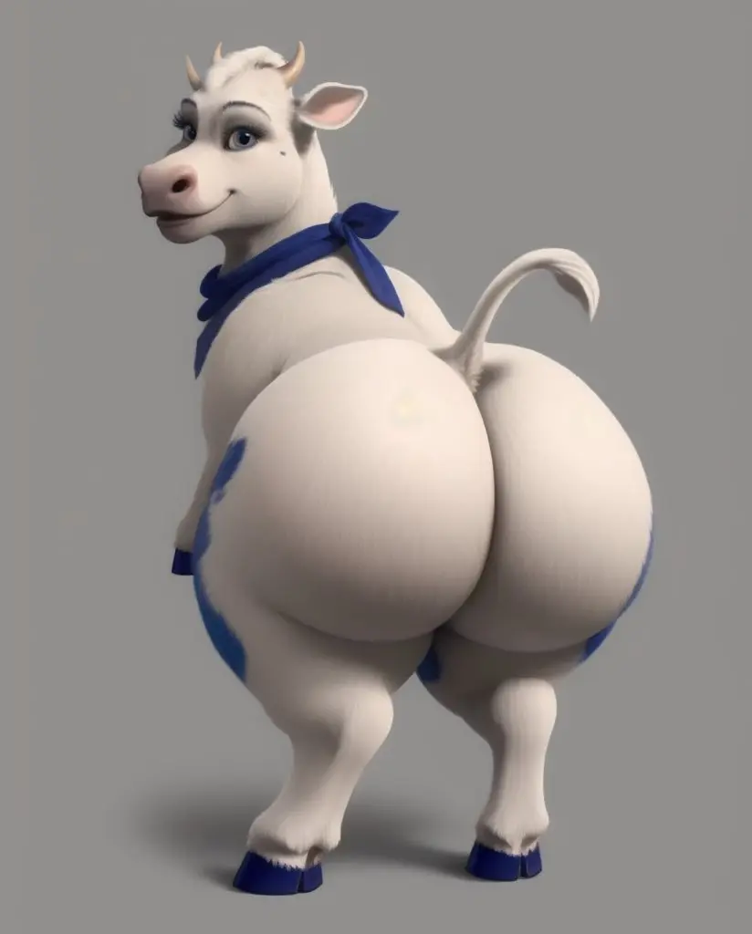 Image female,nude,furry,ass,big_ass,big_butt,smiling,ai_generated,presenting,realistic,fur,presenting_hindquarters,bovine,room,commercial,editokur999,lactaid,lactaid_cow