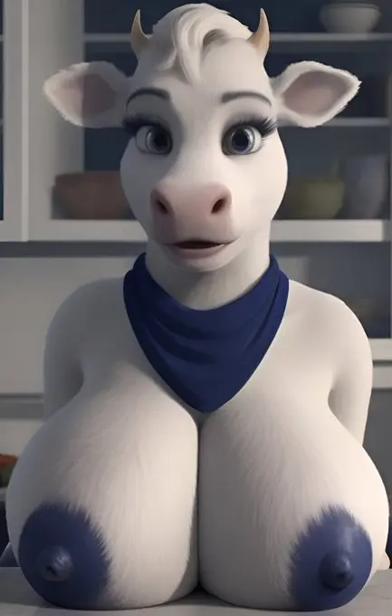 Image big_breasts,breasts,female,nude,furry,big_ass,smiling,ai_generated,presenting,realistic,fur,bovine,room,commercial,editokur999,lactaid,lactaid_cow