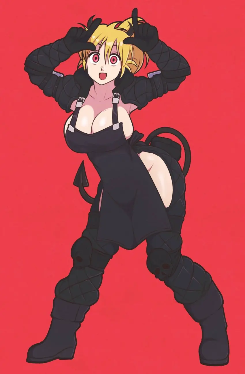 Image 1girls,clothing,female,female_only,light-skinned_female,light_skin,red_eyes,gloves,tail,horns,cleavage,blonde_hair,busty,:d,apron,boots,dorohedoro,skulls,nikaido,devil_tail,jeffmiga,nikaidou_(dorohedoro)