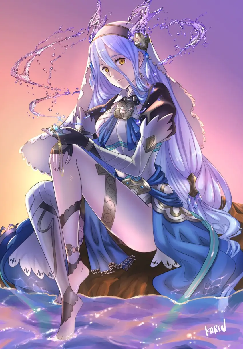 Image 1girls,female,highres,long_hair,long_sleeves,looking_at_viewer,smile,solo,very_long_hair,absurdres,blue_hair,gloves,yellow_eyes,thighs,barefoot,feet,water,horns,hairband,dress,nintendo,hair_between_eyes,official_alternate_costume,alternate_costume,fire_emblem,fire_emblem_heroes,fingerless_gloves,fire_emblem_fates,toes,fake_horns,long_legs,puffy_sleeves,juliet_sleeves,veil,azura_(fire_emblem),sitting_on_rock,6nutqd2kwd0iqcl,hydrokinesis