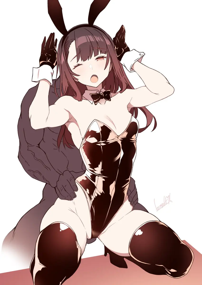 Image blush,bow,breasts,brown_eyes,female,highres,long_hair,open_mouth,animal_ears,nude,straight,small_breasts,thick_thighs,thighs,implied_penetration,bare_shoulders,one_eye_closed,character_request,brown_hair,rabbit_ears,detached_collar,high_heels,grabbing,squatting,playboy_bunny,leotard,fake_animal_ears,strapless,strapless_leotard,full_body,shoes,clothed_female_nude_male,bowtie,wrist_cuffs,copyright_request,covered_penetration,batta_16-sei