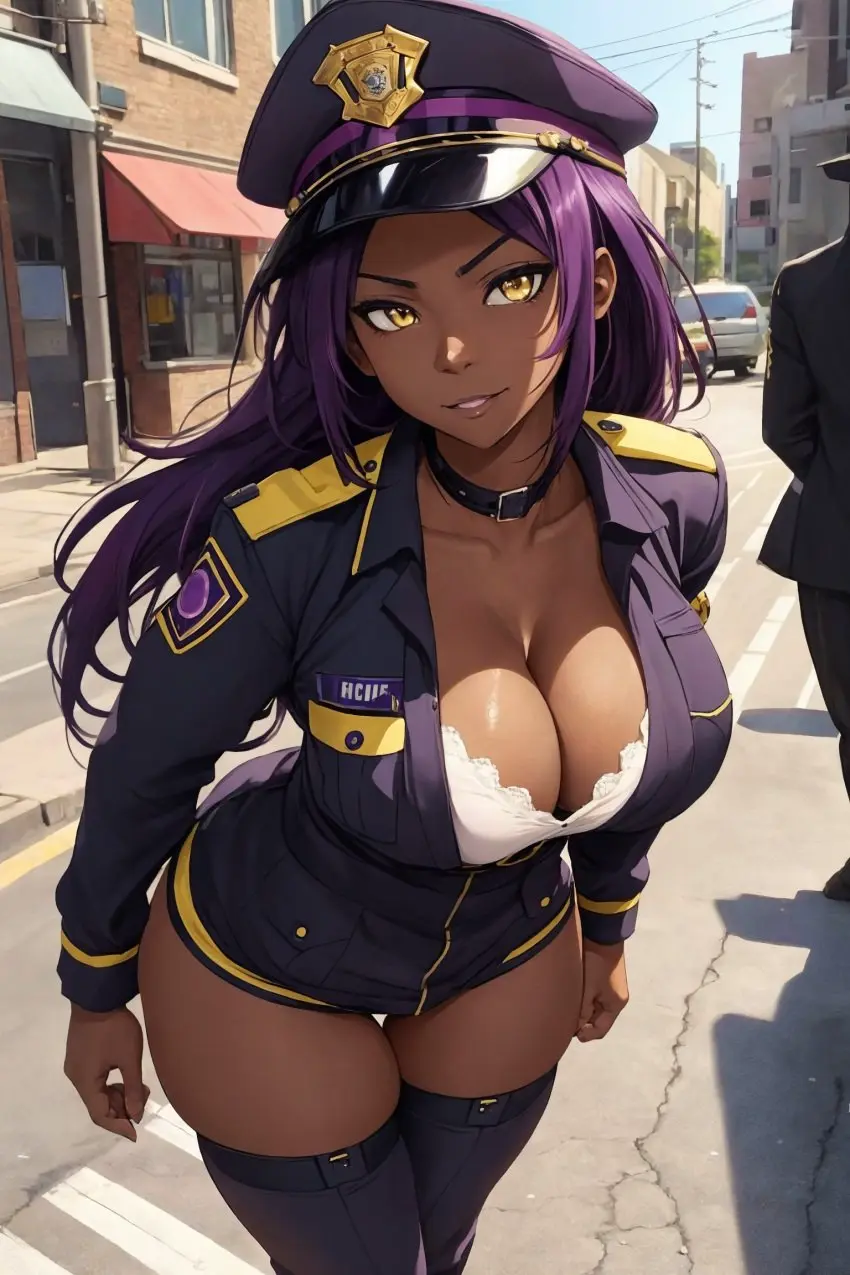 Image 1girls,big_breasts,breasts,female,thighhighs,yellow_eyes,thighs,dark_skin,ai_generated,cleavage,stockings,purple_hair,public,bleach,shihouin_yoruichi,ebony,police_uniform,jinzo1993,police_hat
