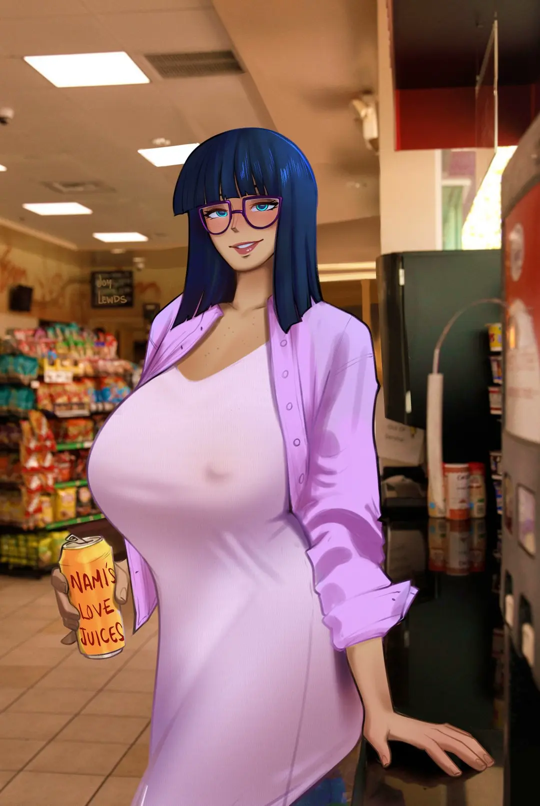 Image 1girls,big_breasts,breasts,female,female_only,bangs,black_hair,one_piece,freckles,glasses,tan_body,nipple_bulge,nico_robin,pre-timeskip,joylewds,freckles_on_chest