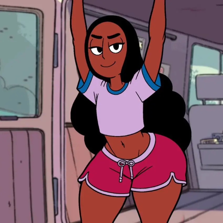 Image looking_at_viewer,solo,huge_ass,thick_thighs,smug,shorts,flat_chest,vehicle,booty_shorts,short_shorts,steven_universe,connie_maheswaran,van,blackmorty_(artist)