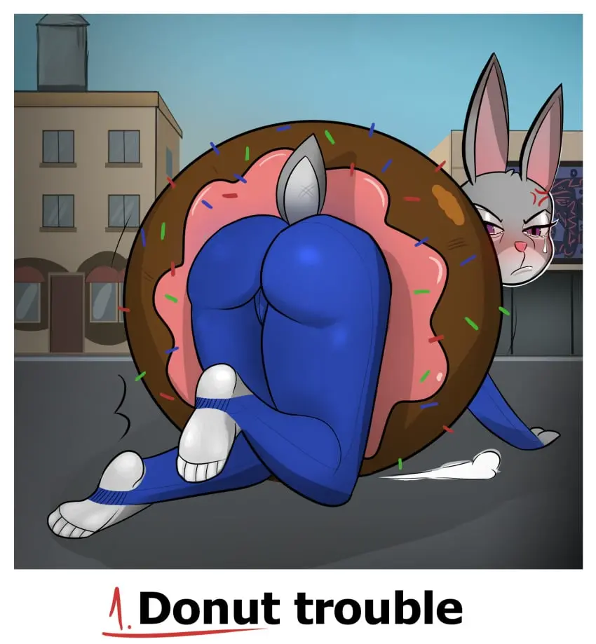 Image clothed,clothing,female,hi_res,solo,ass,disney,kneeling,feet,embarrassed,anthro,text,foot_fetish,crying,public,bodily_fluids,fur,grey_body,grey_fur,mammal,paws,defeated,tears,lagomorph,leporid,rabbit,city,embrace,city_background,food,butt_focus,zootopia,judy_hopps,croqs,judy_stuck_in_donut_redraw