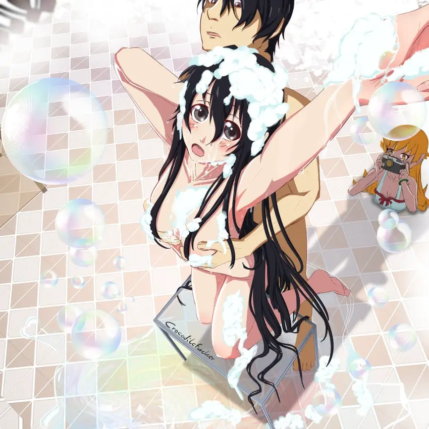 Image 1girls,breasts,female,long_hair,1boy,black_hair,male,convenient_censoring,hair_over_one_eye,wet_skin,arms_up,happy,completely_nude,censored,bathroom,breast_grab,siblings,wet_hair,brother_and_sister,fondling_breast,washing,censored_nipples,hair_censor,monogatari_(series),younger_sister,araragi_koyomi,soap_bubbles,soap,araragi_tsukihi,crocodilefucker,oshino_shinobu,tsukimonogatari