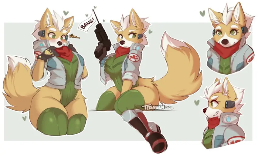 Image breasts,female,female_only,white_hair,furry,green_eyes,cute,heart,hearts_around_head,brown_fur,rule_63,gun,genderswap,crossgender,star_fox,fox_mccloud,teranen