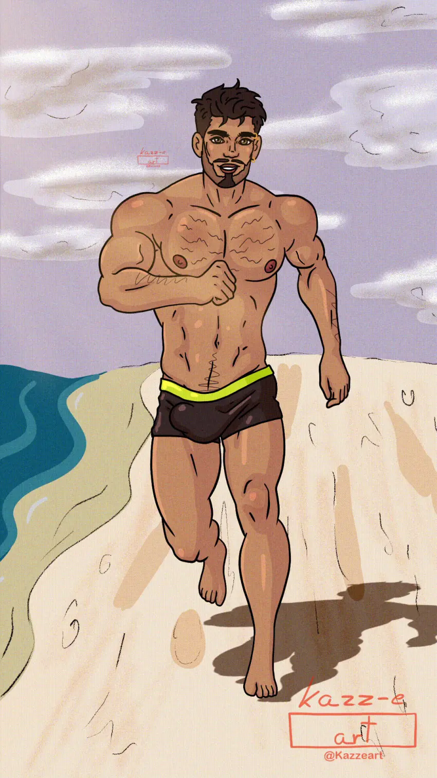Image looking_at_viewer,smile,solo,1boy,male,beach,male_only,solo_focus,piercing,gay,dark_hair,bulge,animated,solo_male,running,swimwear,gay_male,facial_hair,hairy_chest,latino_male,jiggle,floppy_cock,kazz-e_art,marcos_(kazz-e_art),jiggling_penis