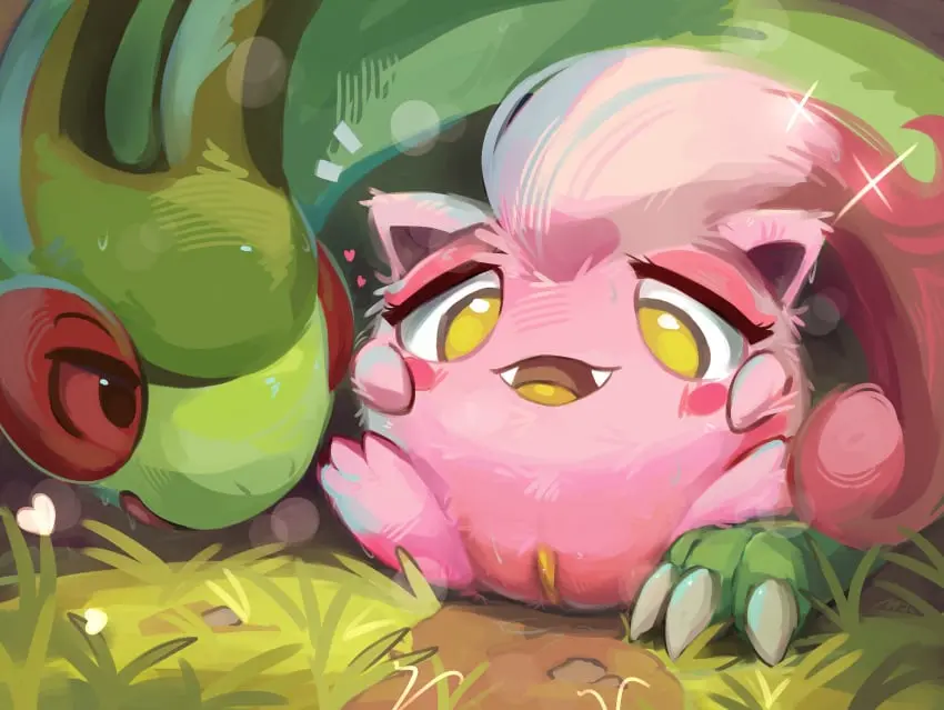 Image blush,female,hi_res,pokemon,pokemon_(species),pussy,sweat,yellow_eyes,duo,digital_media_(artwork),eyelashes,teeth,size_difference,clitoris,spread_legs,spreading,absurd_res,saliva,sweatdrop,ambiguous_gender,nintendo,presenting,sharp_teeth,bodily_fluids,fur,genitals,claws,2024,green_body,outside,fluffy,plant,feral,pink_body,heart_symbol,presenting_pussy,pink_fur,yellow_pussy,grass,sparkles,generation_3_pokemon,generation_9_pokemon,flygon,ancient_pokemon,paradox_pokemon,female/ambiguous,metalisk,scream_tail