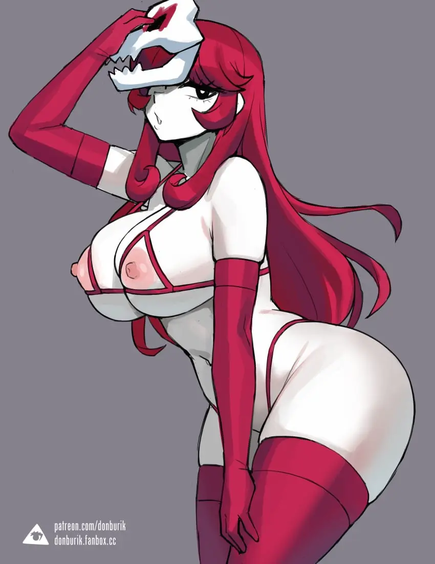 Image 1girls,breasts,clothing,female,hi_res,large_breasts,long_hair,nipples,open_mouth,simple_background,elbow_gloves,gloves,thighhighs,red_hair,bikini,panties,ass,thick_thighs,wide_hips,huge_breasts,white_body,legs_together,red_legwear,naughty_face,mask,red_panties,donburikazoku,red_thighhighs,mask_on_head,neon_red,neon_white,nipple_cutout