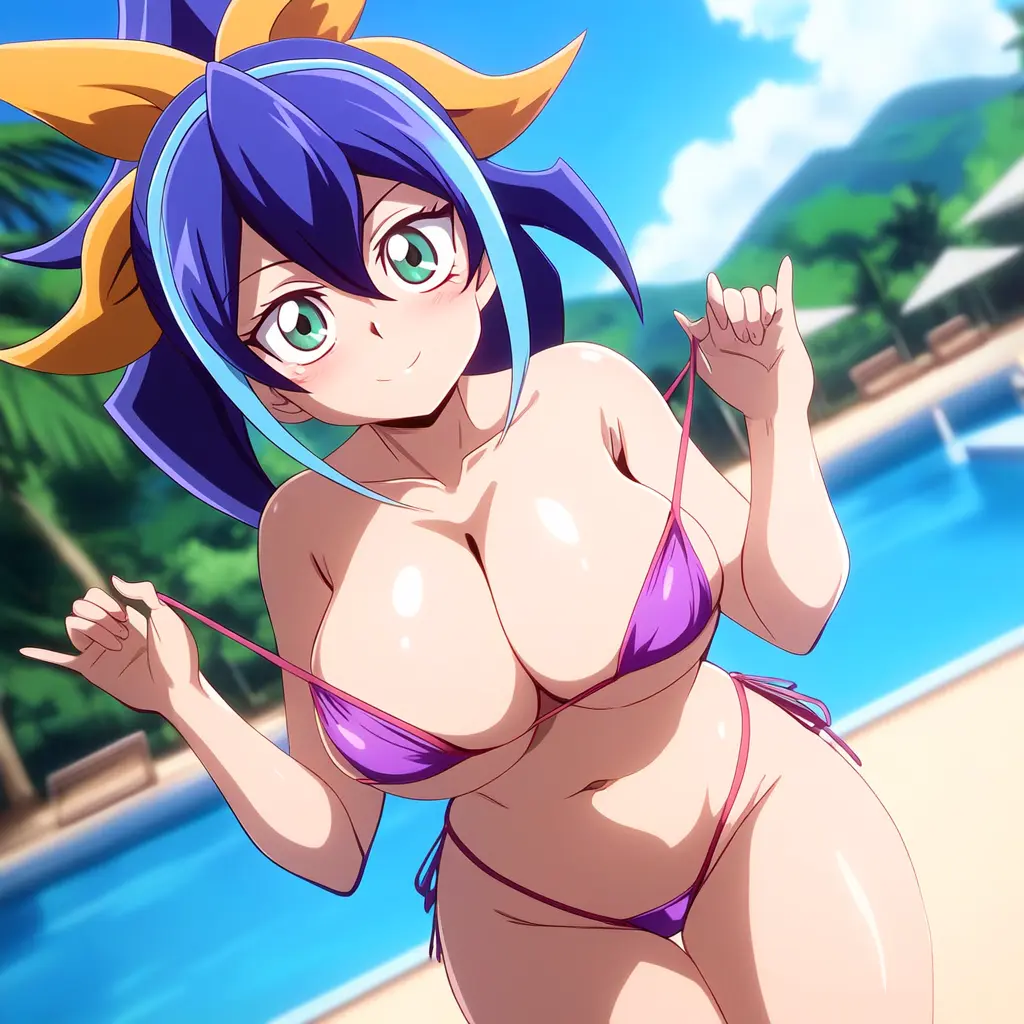 Image breasts,female,looking_at_viewer,smile,blue_hair,navel,bikini,voluptuous,ponytail,ai_generated,huge_breasts,green_eyes,artist_request,yu-gi-oh!,ribbon,pool,yu-gi-oh!_arc-v,serena_(yu-gi-oh!_arc-v)