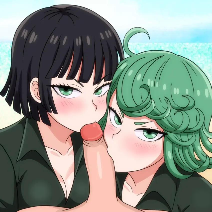 Image blush,female,looking_at_viewer,1boy,2girls,black_hair,ffm_threesome,male,multiple_girls,penis,straight,threesome,big_penis,female_focus,fellatio,beach,ocean,green_eyes,green_hair,sisters,teamwork,one-punch_man,tatsumaki,sucking,sucking_penis,fubuki_(one-punch_man),collaborative_fellatio,double_fellatio,satsufumi,cooperative_fellatio