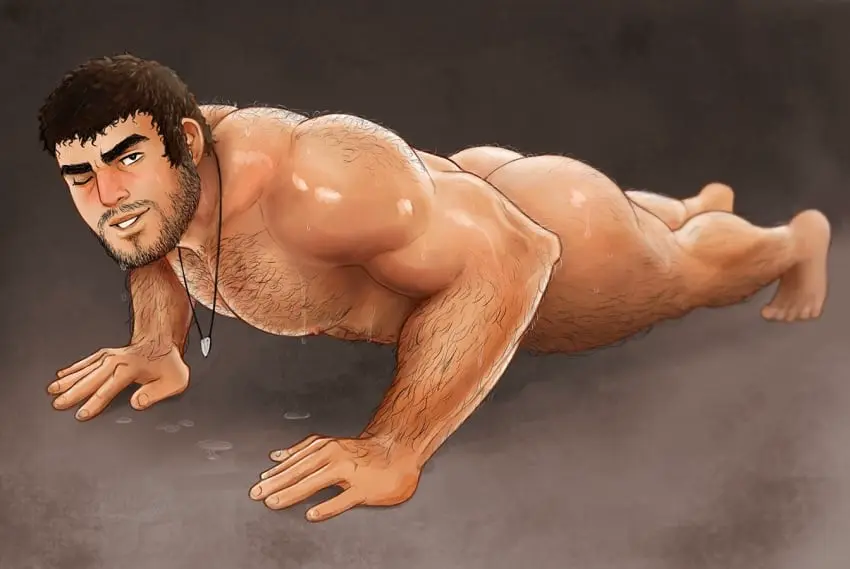 Image blush,looking_at_viewer,nipples,1boy,male,sweat,ass,muscular,muscular_male,male_only,yaoi,bara,male_nipples,sweating,beard,daddy,masculine_male,mature_male,spacebaddy