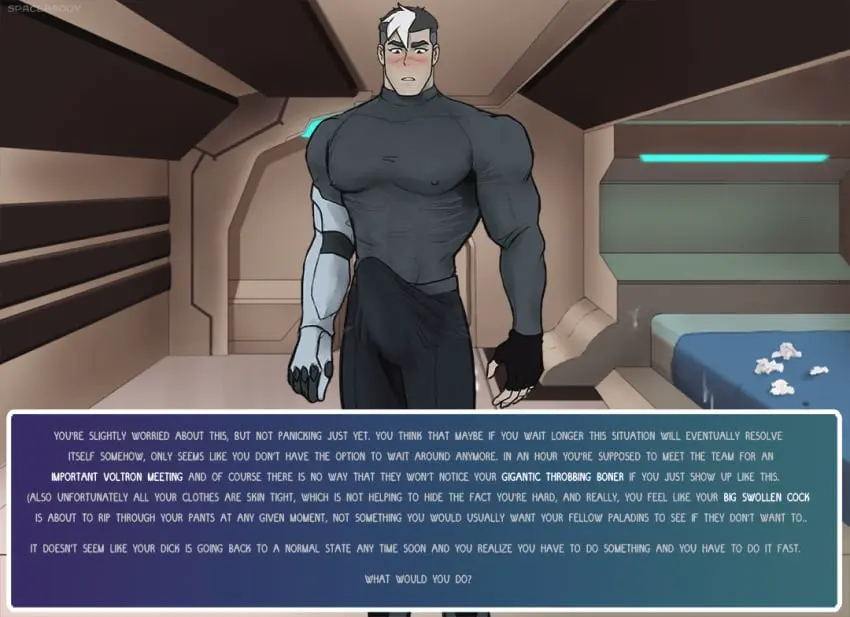 Image blush,clothing,1boy,male,muscular,muscular_male,male_only,yaoi,2d,text,bara,bulge,erection_under_clothes,penis_outline,animated,tight_clothing,english_text,scar,big_bulge,2d_animation,takashi_shirogane,voltron,voltron:_legendary_defender,spacebaddy