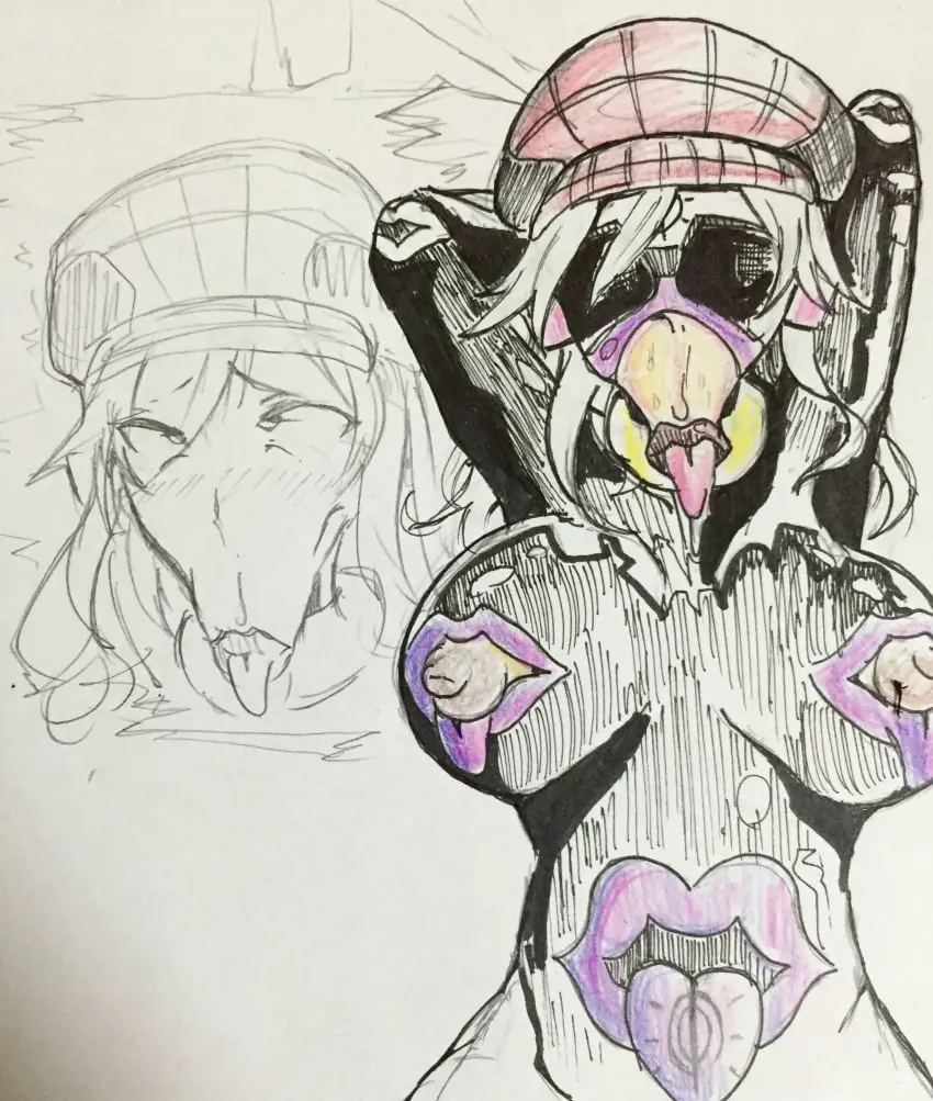 Image female,solo,absurdres,short_hair,tongue_out,tongue,hat,monster_girl,latex,sketch,femsub,transformation,body_modification,nightmare_fuel,cabbie_hat,god_eater,fellatian,alisa_ilinichina_amiella,mouth_nipples,nipple_mouth,punitofu,traditional