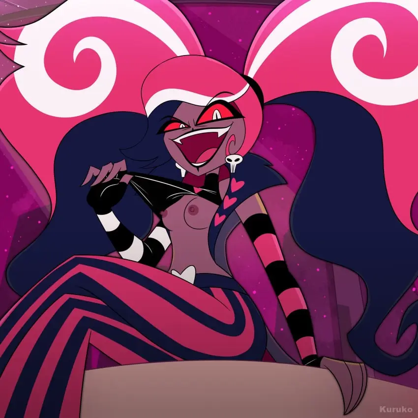 Image 1girls,breasts,clothed,female,female_only,looking_at_viewer,no_bra,solo,small_breasts,solo_female,accurate_art_style,shirt_lift,hazbin_hotel,lifting_shirt,shameless,velvette,kuruko