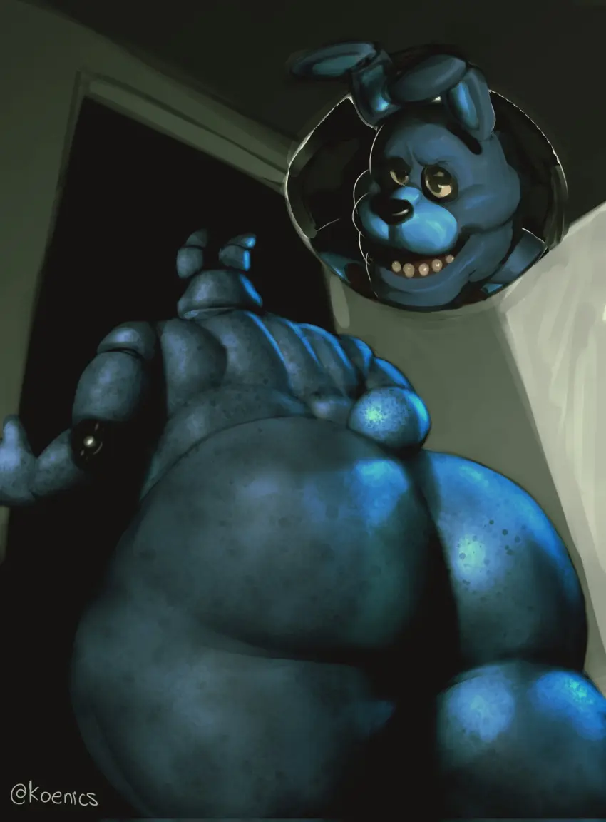 Image hi_res,solo,male,tail,ass,big_butt,thick_thighs,male_only,anthro,slightly_chubby,mammal,blue_body,lagomorph,leporid,rabbit,machine,robot,five_nights_at_freddy's,animatronic,scottgames,bonnie_(fnaf),looking_at_butt,koenics
