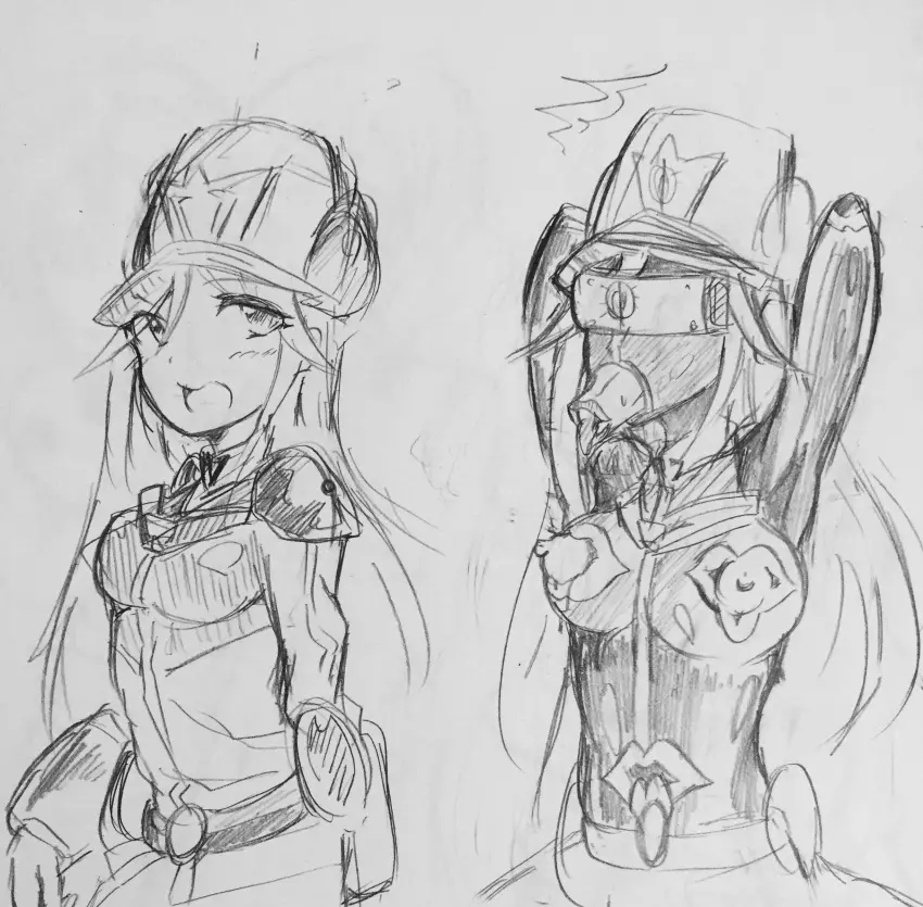 Image female,long_hair,absurdres,tongue_out,tongue,hat,original,sketch,erect_nipples,femsub,transformation,corruption,punitofu