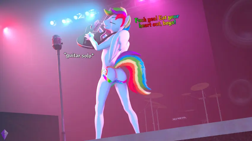 Image clothing,female,hi_res,standing,tail,underwear,ass,wings,anthro,text,anus,mythology,absurd_res,closed_eyes,3d,fur,mammal,dialogue,english_text,blue_body,anthrofied,friendship_is_magic,hasbro,my_little_pony,blue_fur,tuft,mythological_creature,rainbow_dash_(mlp),rainbow_tail,equid,equine,pegasus,stage,puffy_anus,multicolored_tail,mythological_equine,head_tuft,jockstrap,unie,guitar,musical_instrument,plucked_string_instrument,string_instrument,speaker,electric_guitar,rainbow_blitz_(mlp)