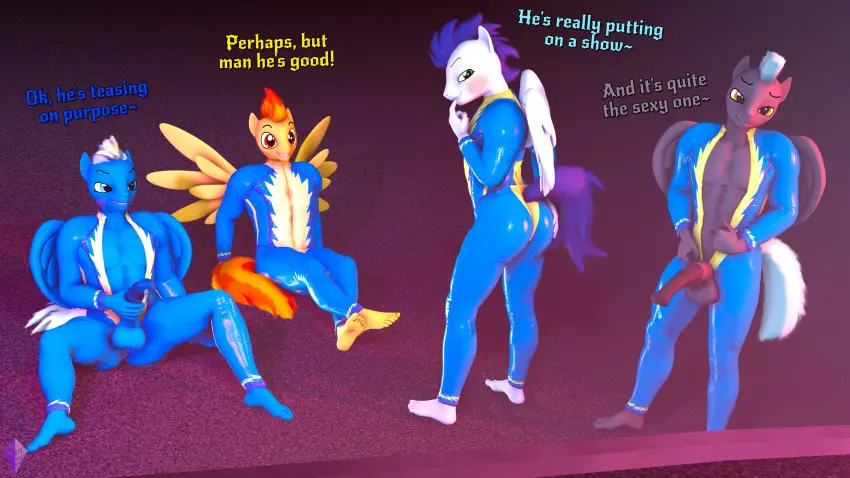 Image clothing,hi_res,male,penis,muscular,muscular_male,feet,balls,wings,text,mythology,sitting,absurd_res,genitals,mammal,dialogue,latex,latex_clothing,latex_skinsuit,skinsuit,tight_clothing,english_text,abs,friendship_is_magic,hasbro,my_little_pony,animal_genitalia,animal_penis,mythological_creature,group,rule_63,equine_genitalia,humanoid_feet,equid,equine,pegasus,equine_penis,on_ground,genderswap_(ftm),medial_ring,ftm_crossgender,plantigrade,mythological_equine,genderswap,sitting_on_ground,soarin_(mlp),wonderbolts_(mlp),unie,thunderlane_(mlp),spitfire_(mlp),wing_boner