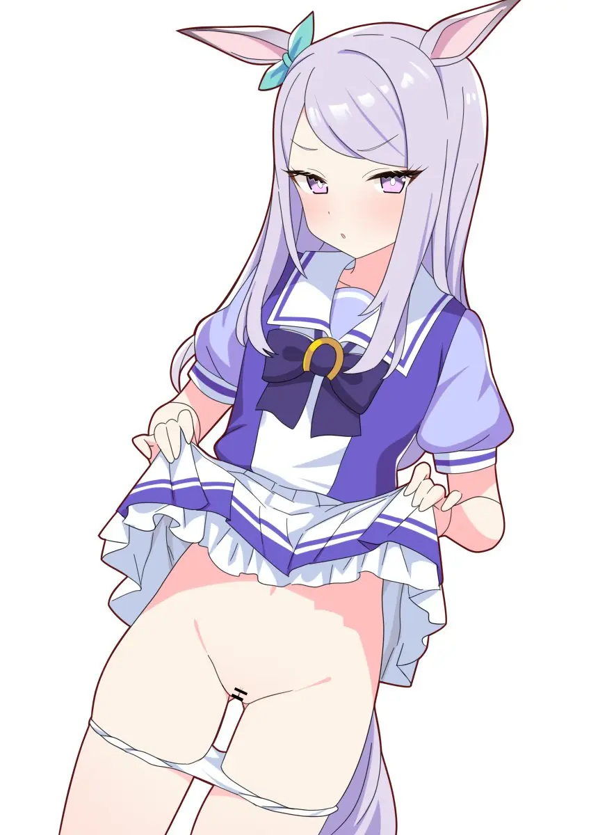 Image breasts,female,highres,looking_at_viewer,open_mouth,simple_background,solo,white_background,absurdres,pussy,sweat,panties,underwear,small_breasts,purple_eyes,school_uniform,censored,purple_hair,lifted_by_self,skirt,ribbon,bar_censor,clothes_lift,skirt_lift,horse_girl,umamusume,louche,mejiro_mcqueen_(umamusume),tracen_school_uniform