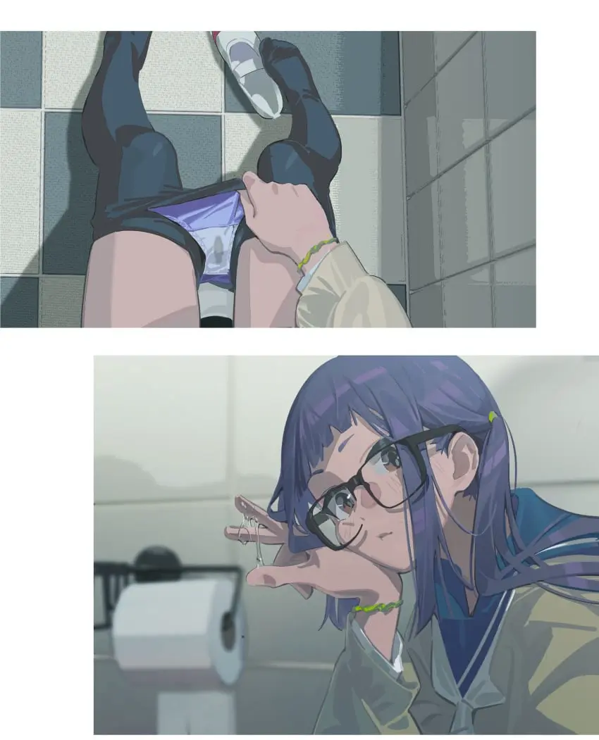 Image 1girls,brown_eyes,female,female_only,highres,long_hair,looking_at_viewer,solo,white_background,absurdres,blue_hair,blunt_bangs,sidelocks,panties,underwear,glasses,pussy_juice,school_uniform,twintails,2_panel_comic,serafuku,panties_down,pantyhose,black_pantyhose,toilet_stall,pussy_juice_string,bored,bored_expression,stained_panties,pussy_juice_stain,sunny_bitch,yurucamp,pussy_juice_on_fingers,kailangxiaob,oogaki_chiaki,implied_masturbation,checkered_floor