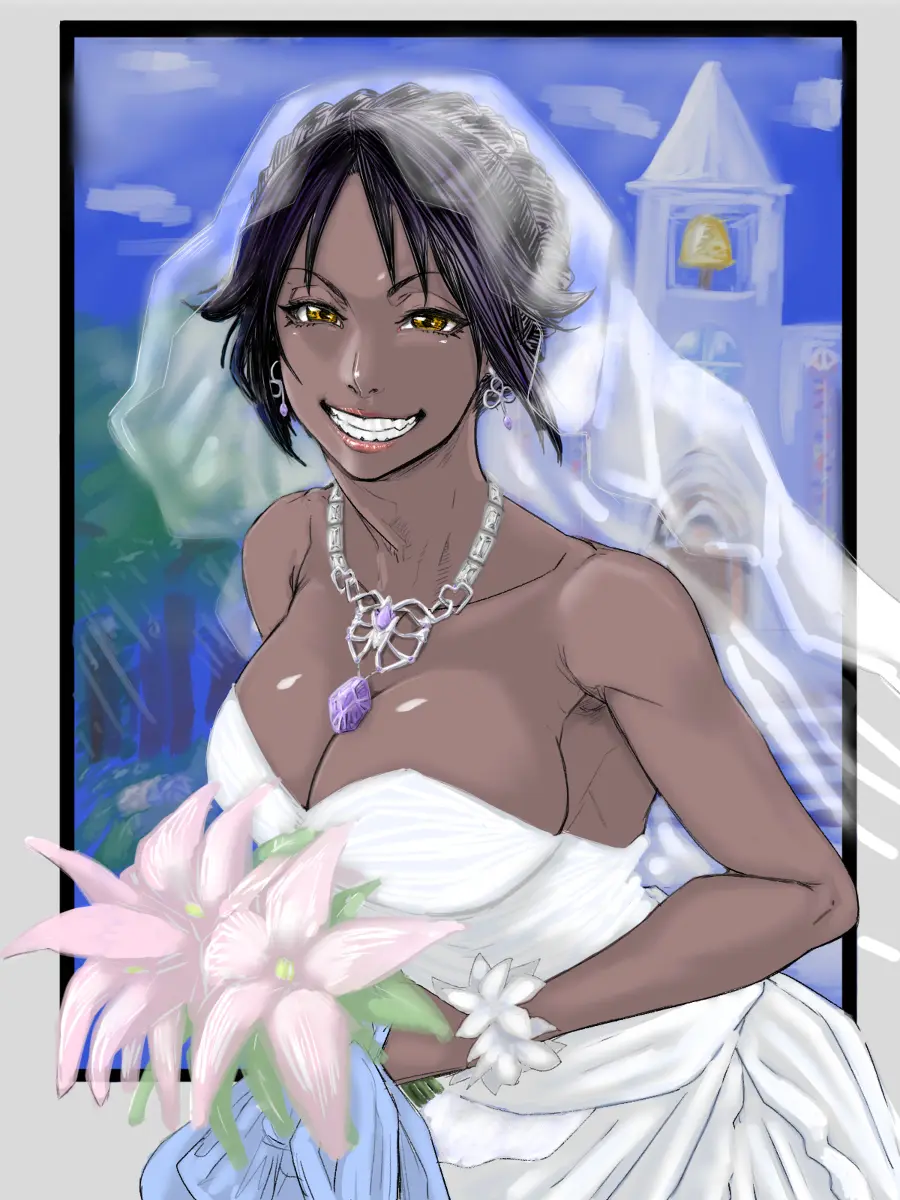 Image 1girls,big_breasts,breasts,clothed,clothing,female,looking_at_viewer,smile,yellow_eyes,earrings,dark_skin,sky,cleavage,clothed_female,happy,jewelry,shoulders,solo_female,solo_focus,teeth,2d,cloud,necklace,dark-skinned_female,purple_hair,outdoors,white_dress,holding_object,flower,bracelet,bleach,shihouin_yoruichi,tata,detailed_background,blue_sky,day,wholesome,wedding_dress,wedding_veil,veil,silver_necklace,pink_flower,wedding,bouquet,holding_flower,silver_earrings,silver_jewelry,wedding_day,white_bracelet