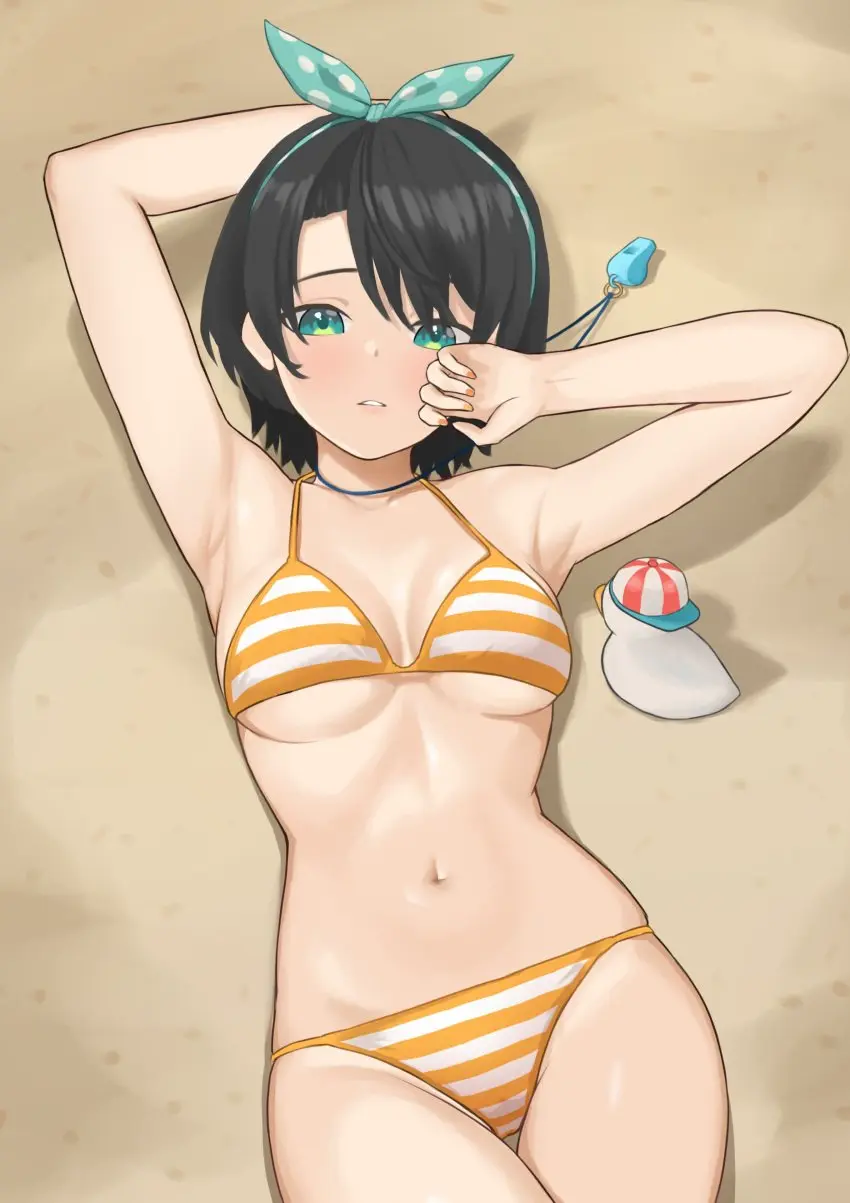Image 1girls,blush,breasts,female,female_only,highres,light-skinned_female,looking_at_viewer,ribbon_in_hair,solo,black_hair,short_hair,lying,bikini,bra,female_focus,beach,virtual_youtuber,belly_button,solo_female,vtuber,2d,medium_breasts,swimsuit,hololive,hololive_japan,outdoors,ribbon,sand,2d_(artwork),young,high_resolution,thong,aqua_eyes,front_view,younger_female,day,yellow_nails,summer,thong_bikini,two_piece_swimsuit,vtuberfanart,arm_behind_head,duck,oozora_subaru,lying_on_sand,whistle,hololive_gen_2,diptip