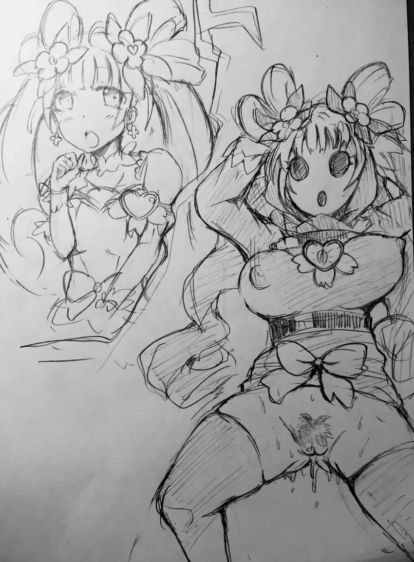 Image breasts,female,long_hair,absurdres,earrings,jewelry,pussy_juice,mario_(series),nintendo,pubic_hair,twintails,monochrome,sketch,erect_nipples,femsub,transformation,breast_expansion,traditional_media_(artwork),corruption,precure,pretty_cure,shy_gal,shygalization,punitofu,cure_rosetta,dokidoki!_precure,yotsuba_alice