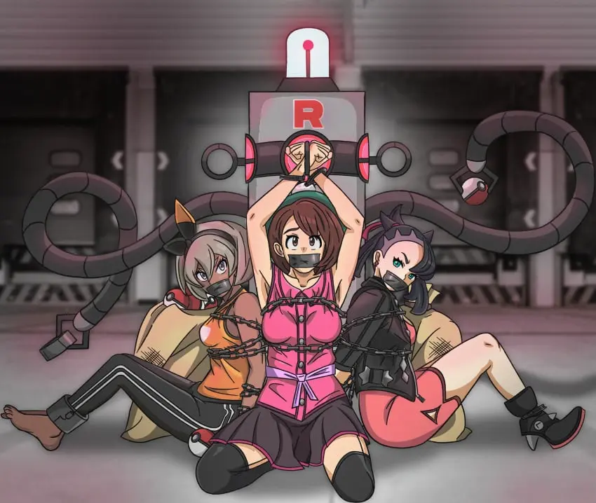 Image brown_eyes,clothing,female,grey_hair,looking_at_viewer,black_hair,black_legwear,blue_eyes,pokemon,short_hair,thighhighs,hat,thighs,feet,armpits,tan_skin,arms_above_head,tan-skinned_female,tan_body,legs,spread_legs,dress,stockings,brown_hair,tanned_skin,tanned,grey_eyes,restrained,tentacle,skirt,bondage,3girls,chains,gym_uniform,chained,gag,gagged,robot,black_thighhighs,pokeball,tentacles,gloria_(pokemon),armpit,tan,chained_up,handcuffed,arms_tied_behind_back,tape_gag,marnie_(pokemon),bea_(pokemon),stocking,handcuffs_on_ankles,iscreamman001,chain_bondage