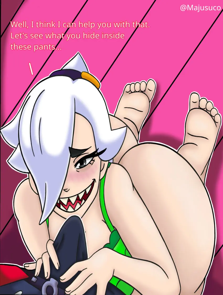 Image looking_at_viewer,bra,ass,big_ass,erection,feet,smiling,bulge,dialogue,on_knees,brawl_stars,grabbing_penis,colette_(brawl_stars),majusuco,pointy_teeth,edgar_(brawl_stars)