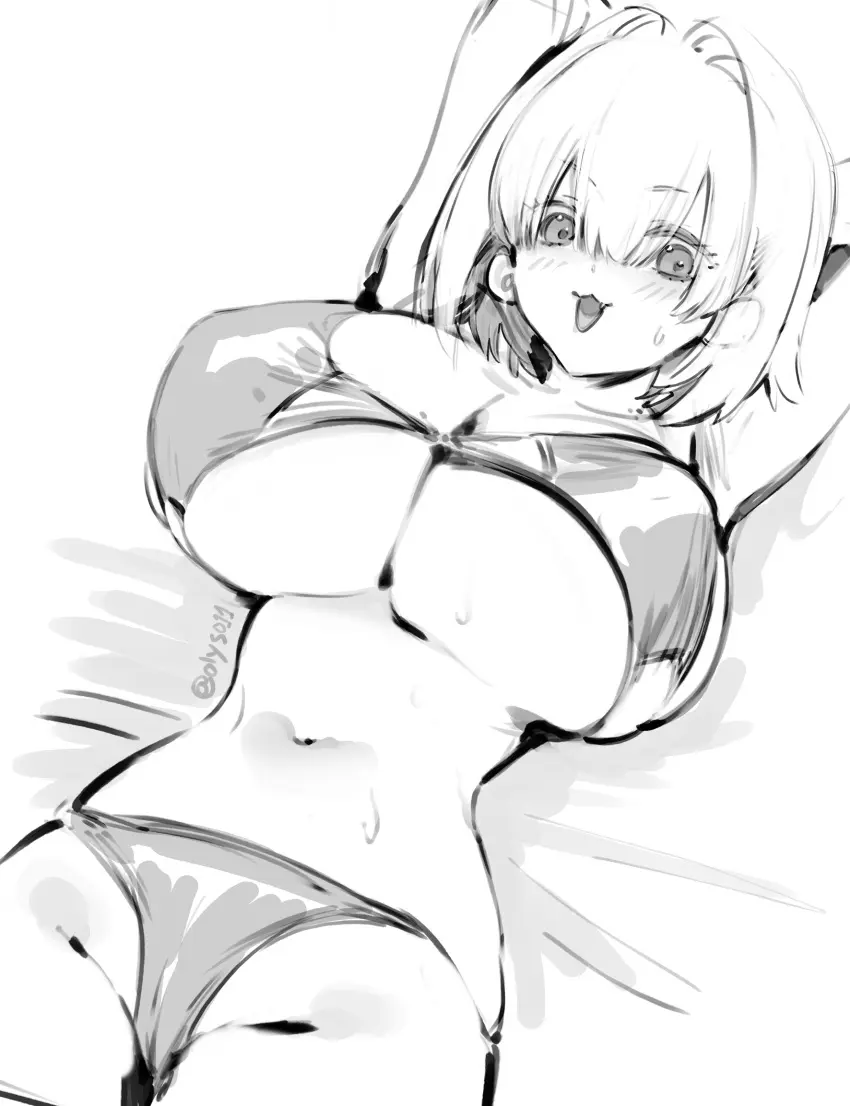 Image blush,breasts,female,highres,looking_at_viewer,open_mouth,solo,navel,short_hair,sweat,lying,on_back,bikini,arms_up,cleavage,huge_breasts,swimsuit,hair_between_eyes,monochrome,hair_intakes,goddess_of_victory:_nikke,:3,sketch,double-parted_bangs,greyscale,elegg_(nikke),twitter_username,small_sweatdrop,olys