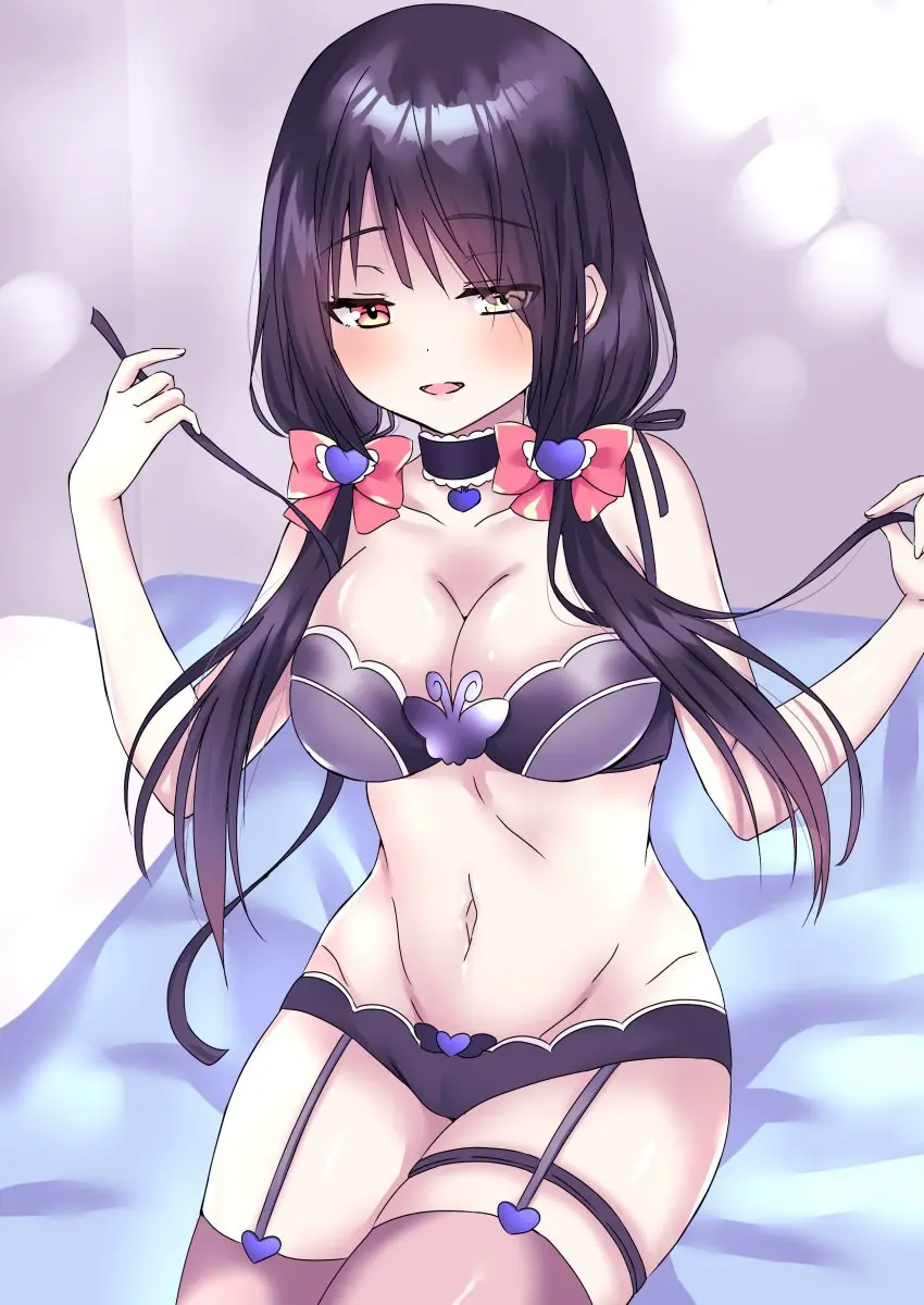 Image 1girls,blush,breasts,female,female_only,large_breasts,long_hair,looking_at_viewer,red_eyes,smile,black_hair,yellow_eyes,bra,panties,lingerie,sitting,stockings,on_bed,bed,garter_belt,younger_female,garter_straps,date_a_live,tokisaki_kurumi,bra_removed