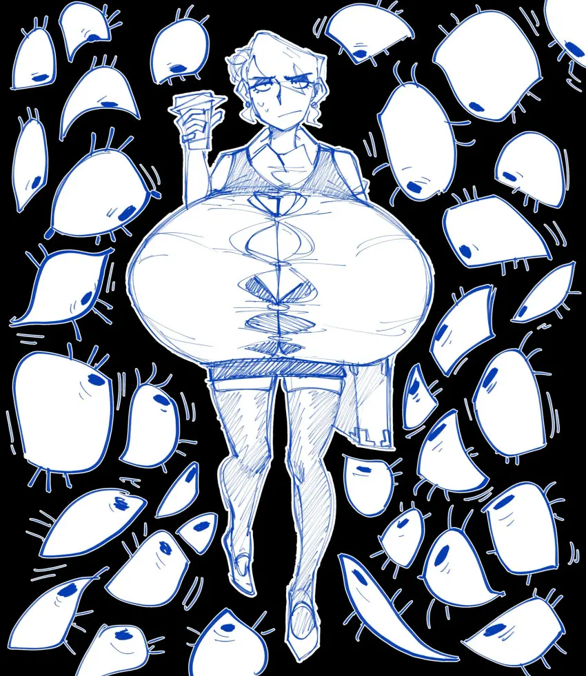 Image 1girls,breasts,female,solo,clothed_female,huge_breasts,breasts_bigger_than_head,breasts_bigger_than_torso,original_character,sweatdrop,holding_object,front_view,full_body,top_heavy,uniform,walking,suitcase,button_down_shirt,front_heavy_breasts,button_gap,holding_cup,inconvenient_breasts,stylized,coffee_cup,briefcase,auroch_nsfw,marie_(auroch_nsfw),disembodied_eyes