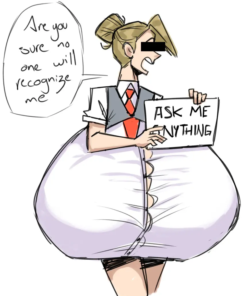 Image 1girls,breasts,female,huge_breasts,text,hyper_breasts,holding_object,talking,text_bubble,hair_bun,hyper,tie,button_down_shirt,talking_to_another,auroch_nsfw,marie_(auroch_nsfw),censored_face