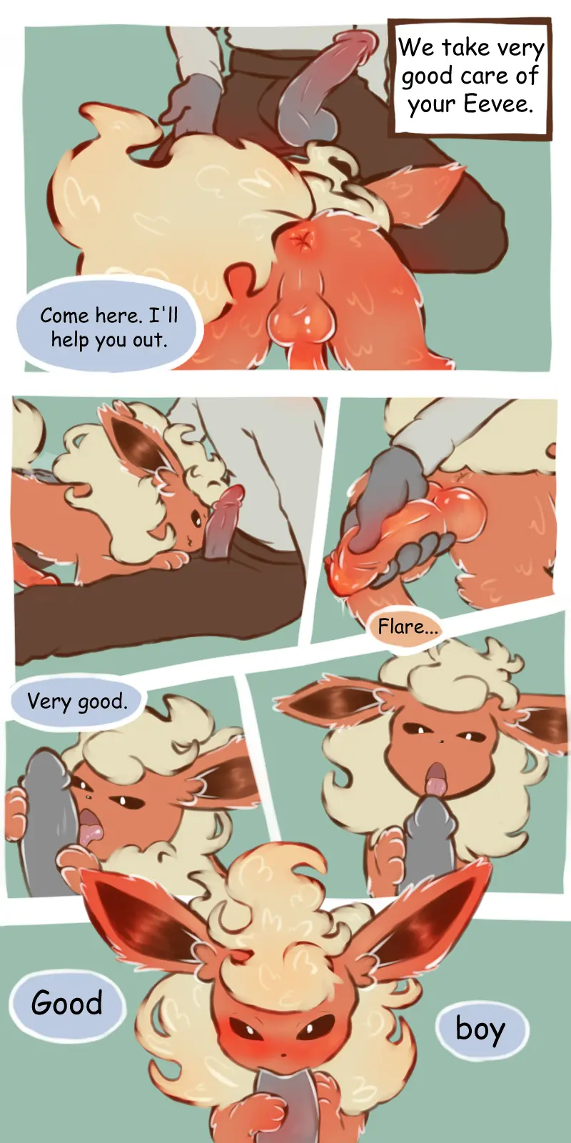 Image clothed,clothing,hi_res,human,pants,simple_background,eeveelution,licking,male,oral,penis,pokemon,pokemon_(species),tongue,sex,duo,erection,fellatio,kneeling,male/male,text,anus,sitting,gay,nintendo,comic,genitals,mammal,rear_view,looking_at_penis,english_text,interspecies,penile,feral,penis_lick,bottomwear,open_clothing,generation_1_pokemon,holding_penis,open_bottomwear,open_pants,pokephilia,looking_at_genitalia,flareon,floofyskydraws