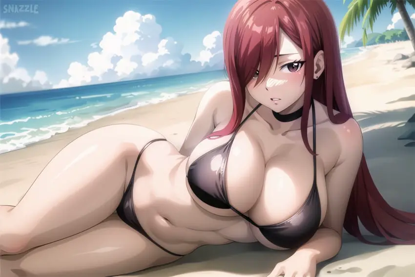 Image big_breasts,breasts,female,large_breasts,long_hair,looking_at_viewer,navel,lying,red_hair,bikini,earrings,thick_thighs,hair_over_one_eye,beach,watermark,sky,ai_generated,bare_shoulders,cleavage,collarbone,midriff,stable_diffusion,curvy,outdoors,black_bikini,sand,day,bare_arms,long,erza_scarlet,fairy_tail,snazzdaz,snazzle