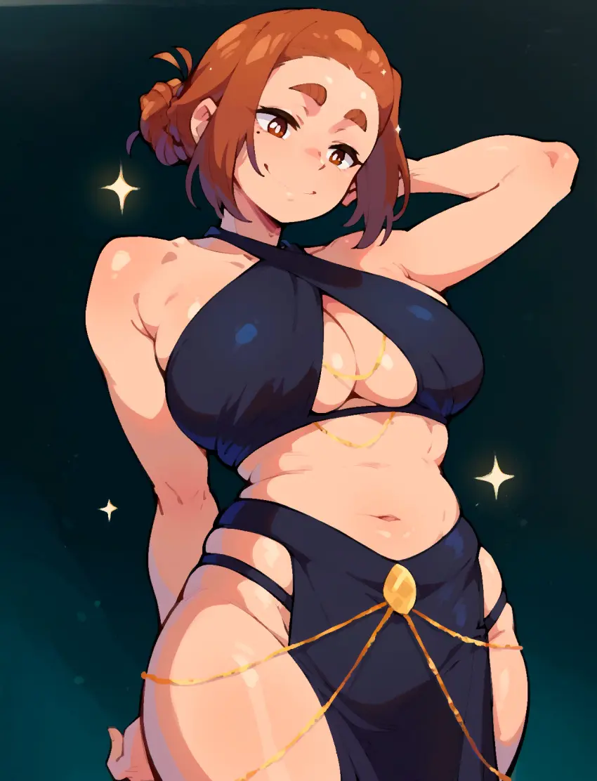 Image 1girls,breasts,brown_eyes,female,large_breasts,smile,thick_thighs,wide_hips,ai_generated,belly,belly_button,cleavage,jewelry,tied_hair,brown_hair,closed_mouth,revealing_clothes,criss-cross_halter,halterneck,yomorio_lingerie,kaii_to_otome_to_kamikakushi,sumireko_ogawa,losforry_custom