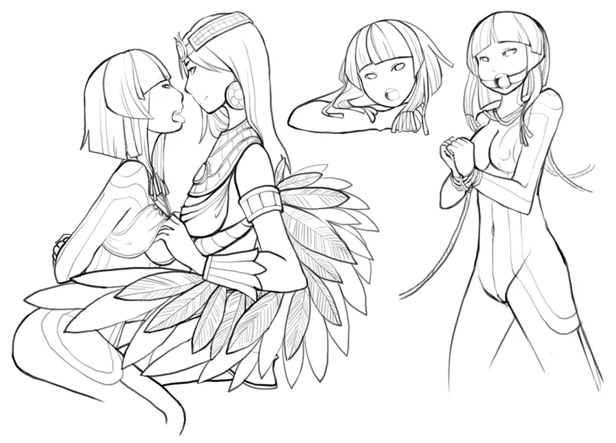 Image female,2girls,goddess,mythology,smite,restrained,yuri,bondage,groping,line_art,sketch,egyptian,egyptian_mythology,neith_(smite),bob_cut,arms_behind_back,rope,groping_breasts,hi-rez_studios,classic_isis,isis_(smite),zennore