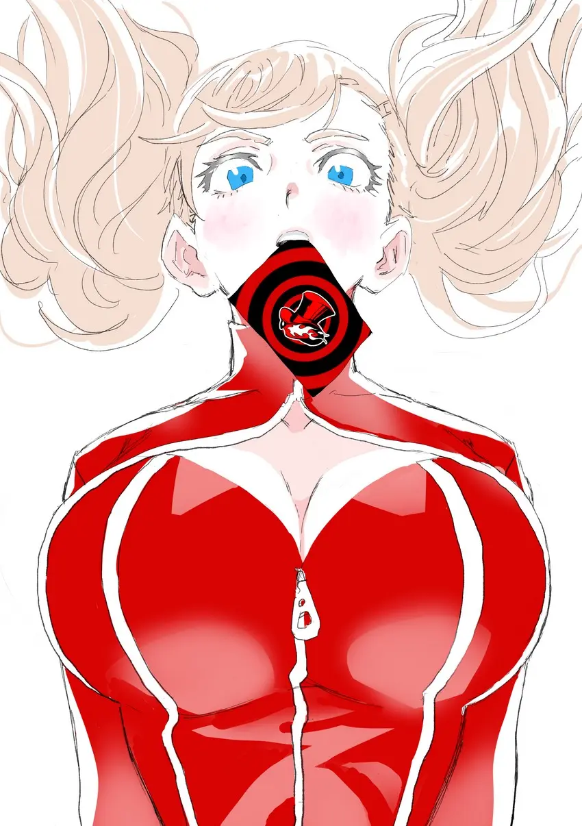 Image big_breasts,breasts,clothing,female,human,blue_eyes,huge_breasts,breasts_bigger_than_head,blonde_hair,pale_skin,twintails,tight_clothing,from_below,bodysuit,persona,persona_5,ann_takamaki,card,phantom_thief_suit,calling_card