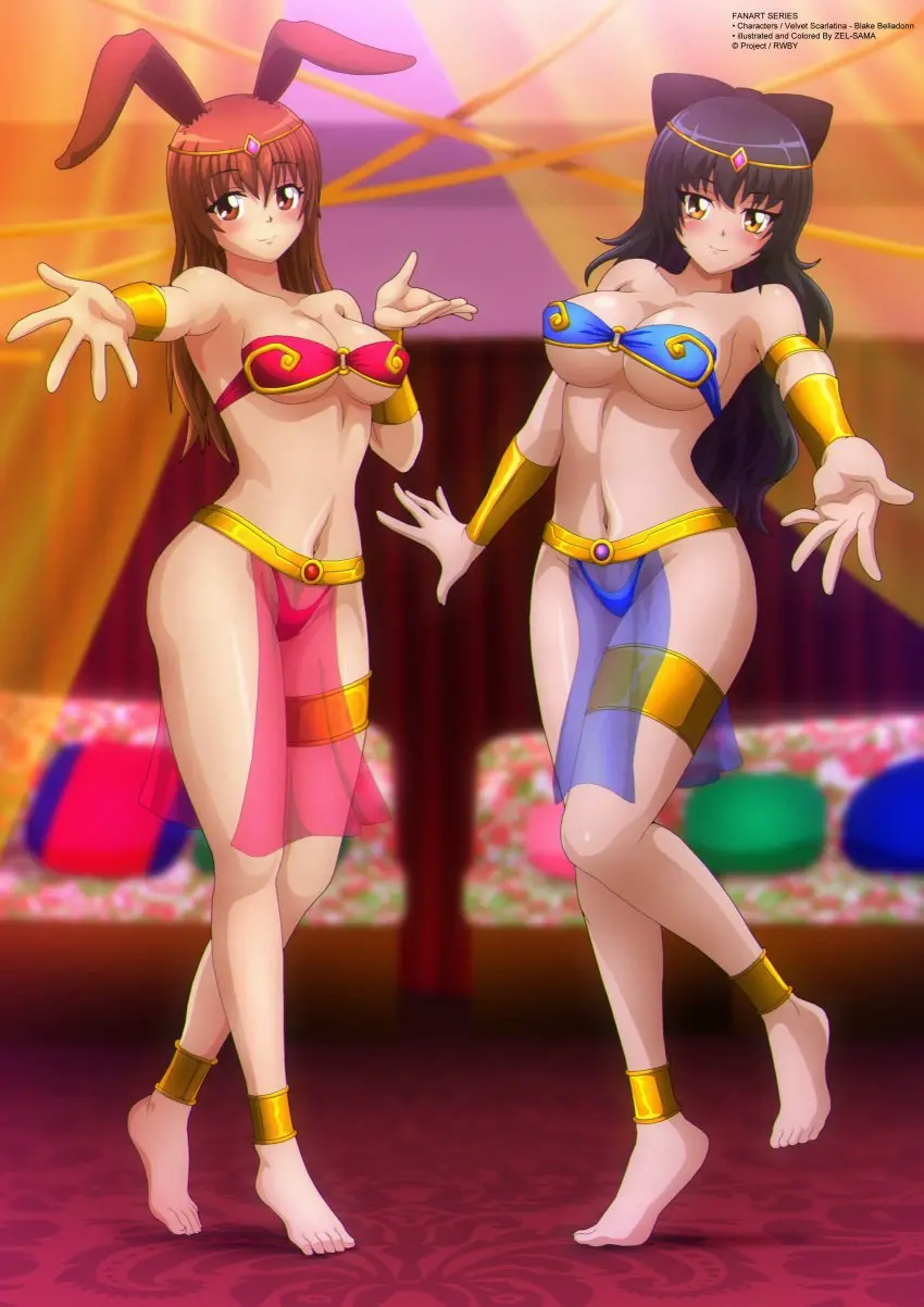 Image breasts,brown_eyes,female,large_breasts,long_hair,looking_at_viewer,2girls,black_hair,cat_ears,catgirl,cleavage,brown_hair,rabbit_ears,bracelet,thong,anklet,belly_dancer,belly_dancer_outfit,rwby,rabbit_girl,harem,loincloth,amber_eyes,harem_girl,harem_outfit,blake_belladonna,faunus,zel-sama,see-through_loincloth,velvet_scarlatina