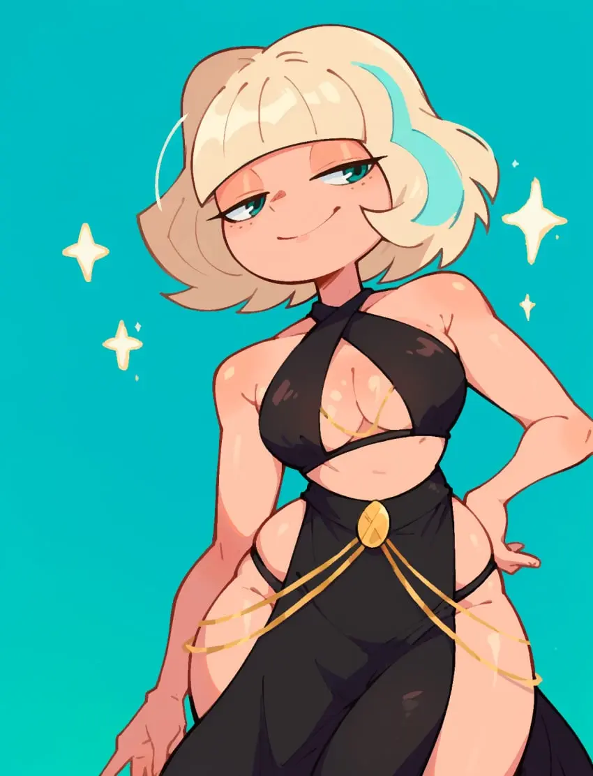 Image 1girls,breasts,female,large_breasts,smile,solo,short_hair,freckles,wide_hips,ai_generated,cleavage,jewelry,blonde_hair,cleavage_cutout,hand_on_hip,black_dress,aqua_eyes,criss-cross_halter,yomorio_lingerie,pelvic_curtain,star_vs_the_forces_of_evil,jackie_lynn_thomas,bare_hips,losforry_custom,belly_chain