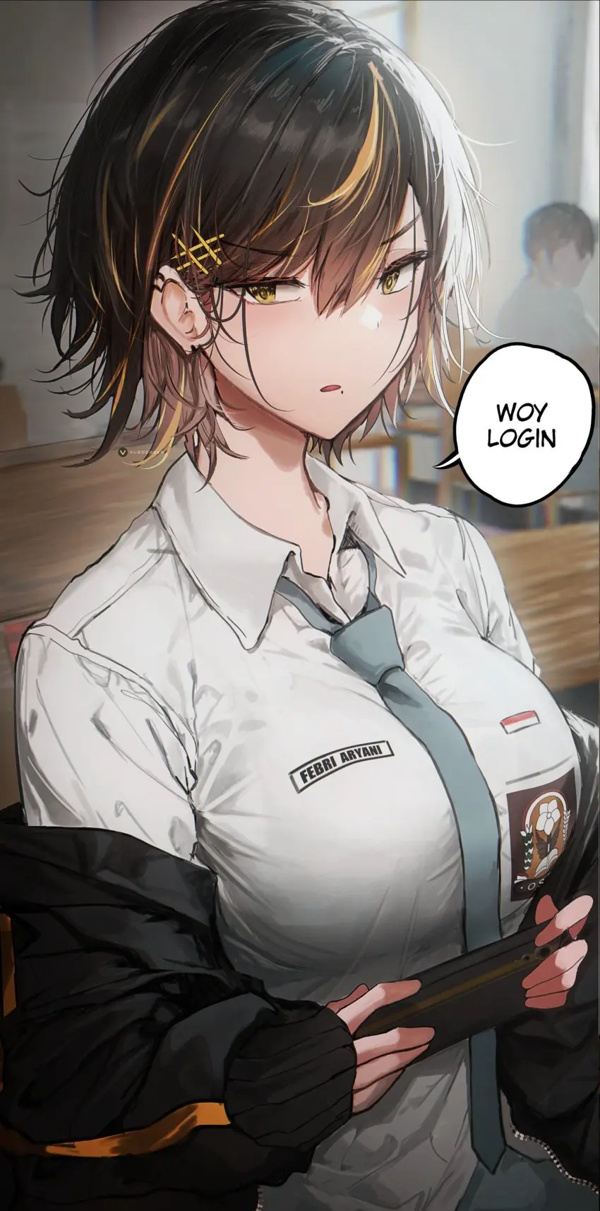 Image big_breasts,blush,breasts,female,looking_at_viewer,black_hair,short_hair,yellow_eyes,two_tone_hair,2d,original,original_character,tight_clothing,ear_piercing,2d_(artwork),oc,yellow_hair,tie,open_jacket,workplace,febri_aryani_(vloodozer),indonesia,indonesian,indonesian_high_school_uniform,indonesian_school_uniform,indonesian_text,vloodozer