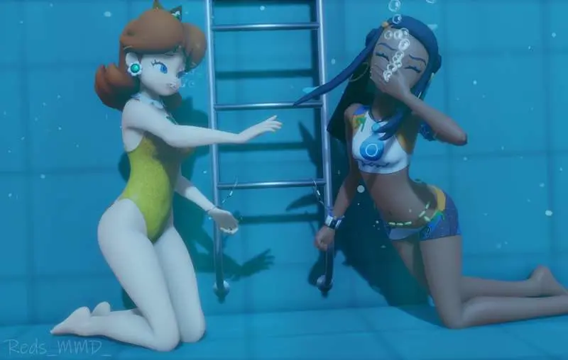 Image female,female_only,human,2girls,multiple_girls,pokemon,mario_(series),princess_daisy,nessa_(pokemon),crossover,handcuffed,underwater,drowning,redsmmd